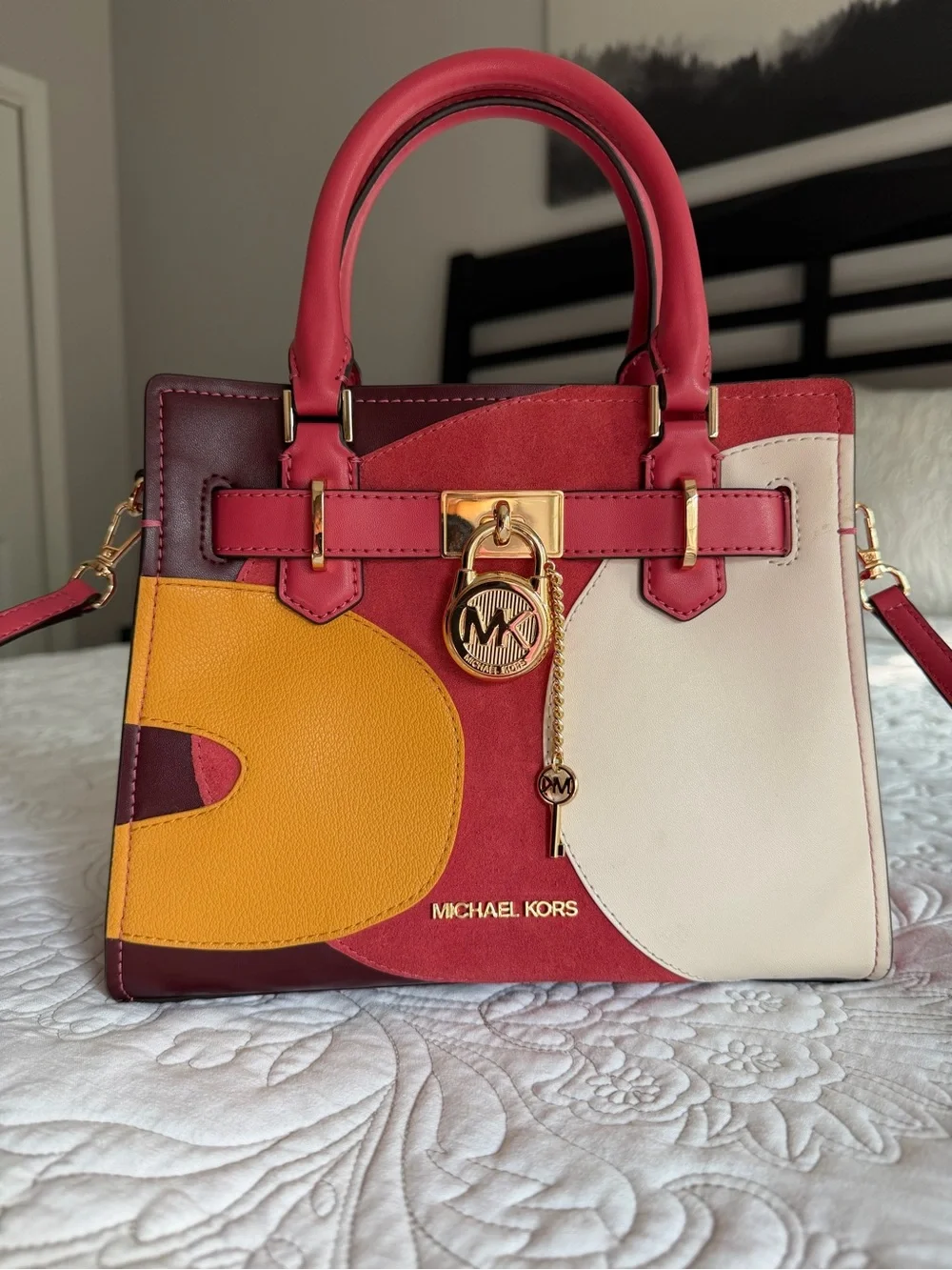 Michael Kors Hamilton Small Patchwork Satchel Gold Charm Light Berry Leather